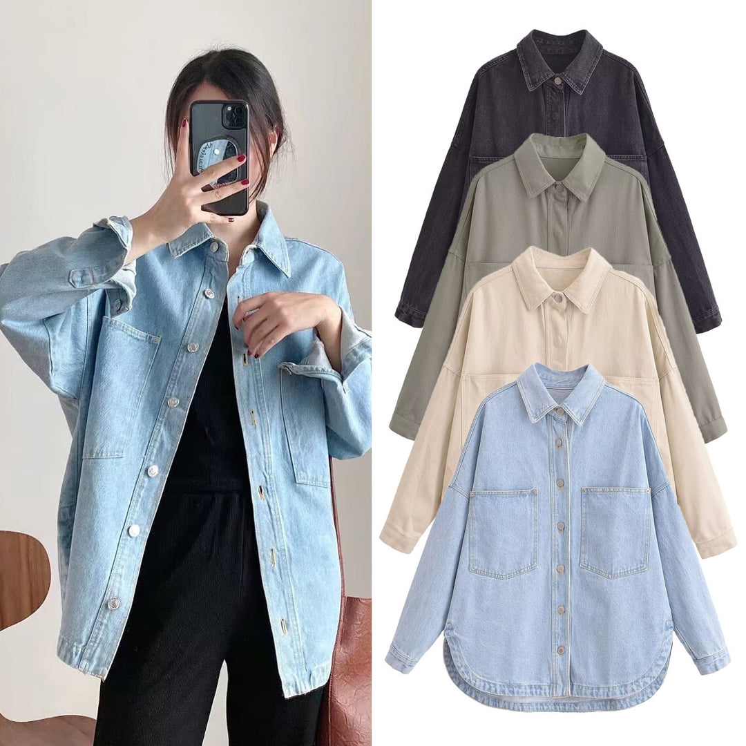 Damen Oversize Jeanshemd‑Jacke mit aufgesetzten Taschen und abgerundetem Saum Nord Taschen