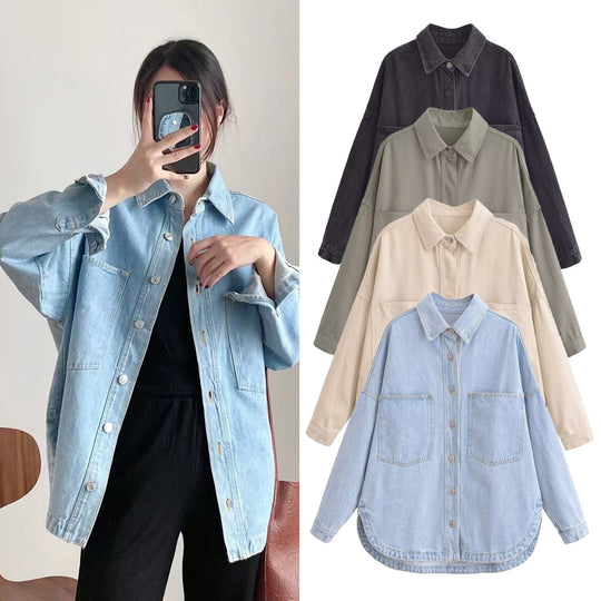 Damen Oversize Jeanshemd‑Jacke mit aufgesetzten Taschen und abgerundetem Saum Nord Taschen