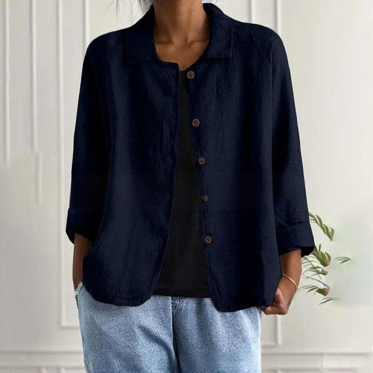 Damen Oversized Leinen-Hemdjacke mit Hemdkragen, 3/4-Ärmeln und durchgehender Knopfleiste Nord Taschen