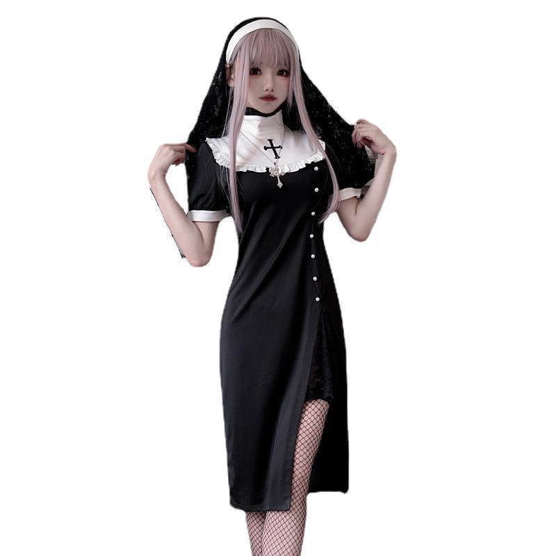 Damen Gothic Nonnenkostüm mit transparenten Spitzenärmeln und Kreuzdetails Nord Taschen