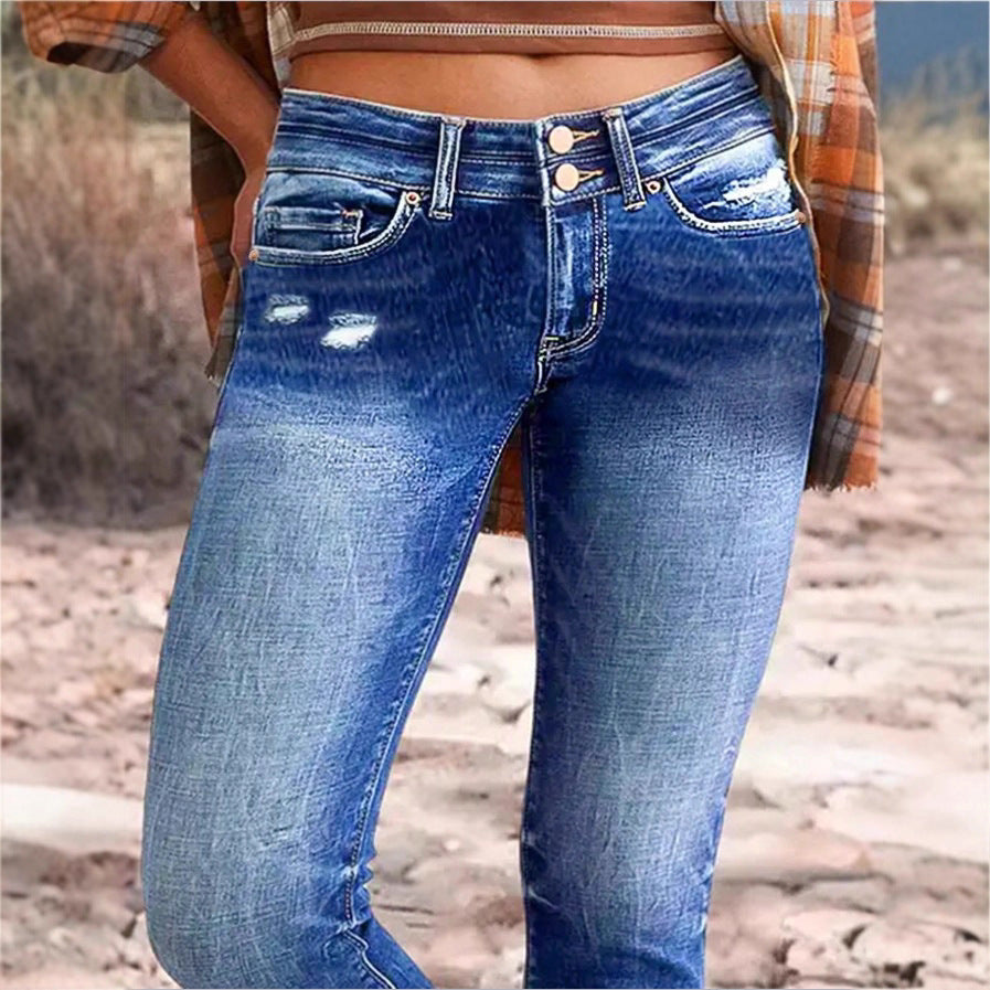 Damen hochgeschnittene Slim‑Cropped‑Jeans mit rohem Saum, Used‑Wash und elastischem Komfortbund Nord Taschen