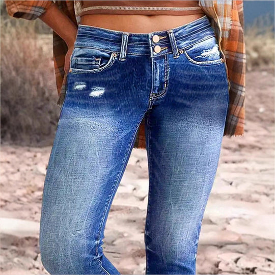 Damen hochgeschnittene Slim‑Cropped‑Jeans mit rohem Saum, Used‑Wash und elastischem Komfortbund Nord Taschen