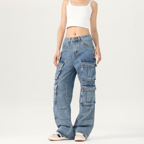 Damen Weite Cargo-Denimhose mit mehreren Klappentaschen und Baggy‑Silhouette Nord Taschen