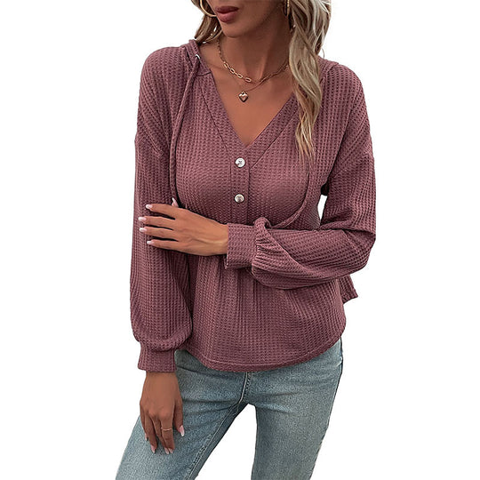 Damen Waffelstrick-Hoodie-Bluse mit V-Ausschnitt, Knopfleiste und geraffter Taillenpasse Nord Taschen