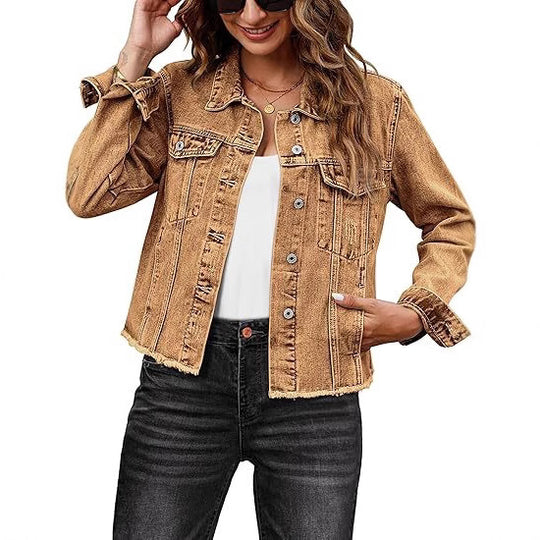 Damen Kurz geschnittene Jeansjacke mit Fransen-Saum und aufgesetzten Brusttaschen Nord Taschen