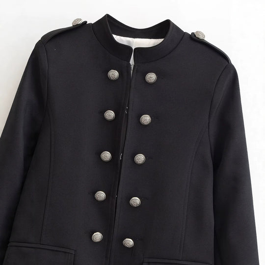 Damen Kurzer Stehkragen-Blazer mit doppelter Zierknopfleiste und Epauletten Nord Taschen