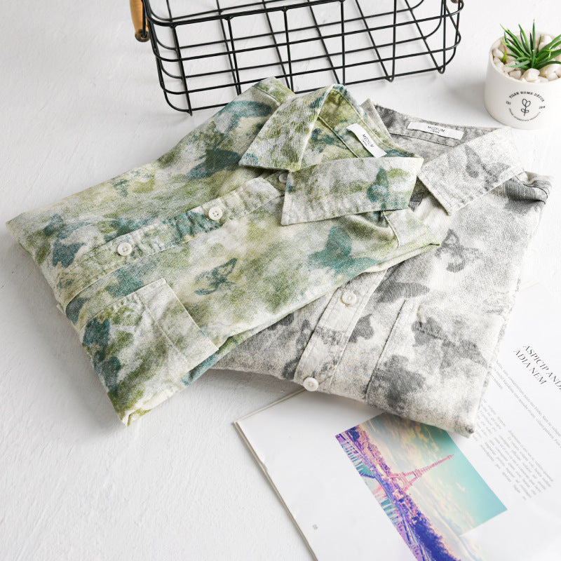 Herren Leichtes Leinenmix-Hemd mit Aquarell-Schmetterlingsprint und Brusttasche Nord Taschen