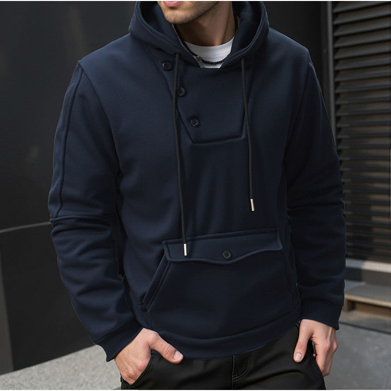Herren Oversize Baumwoll-Fleece Kapuzenpullover mit asymmetrischer Knopfleiste und aufgesetzter Kängurutasche Nord Taschen