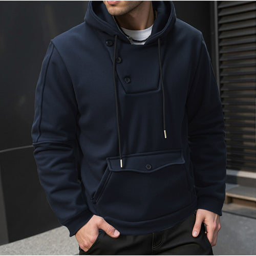 Herren Oversize Baumwoll-Fleece Kapuzenpullover mit asymmetrischer Knopfleiste und aufgesetzter Kängurutasche Nord Taschen
