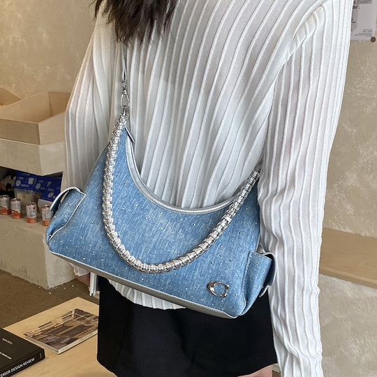 Damen elegante Beuteltasche aus Denim mit dekorativer Kettenverzierung Nord Taschen