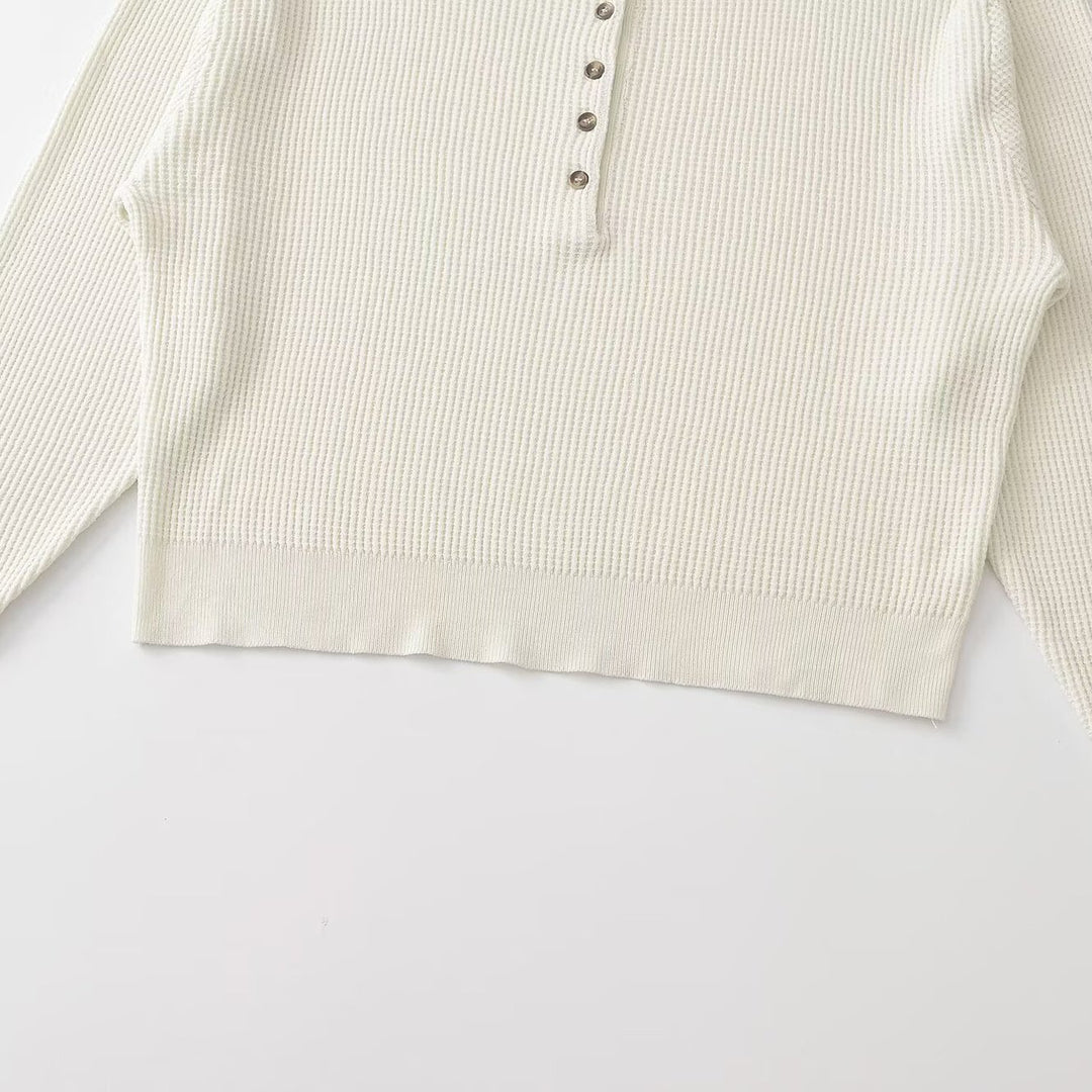 Damen Grobgestrickter Waffelstrick-Pullover mit Henley-Knopfleiste Nord Taschen