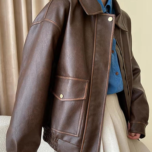 Damen Oversized-Kunstlederblouson mit Hemdkragen, aufgesetzten Pattentaschen und verdeckter Reißverschlussleiste Nord Taschen