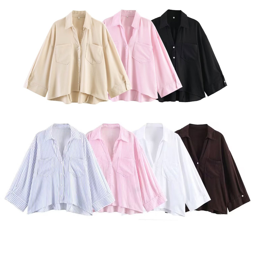 Damen Oversize-Hemdbluse mit großen Brusttaschen, überschnittener Schulter und High‑Low‑Saum Nord Taschen