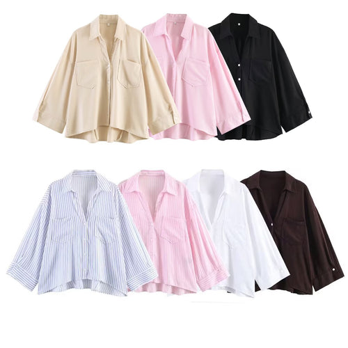 Damen Oversize-Hemdbluse mit großen Brusttaschen, überschnittener Schulter und High‑Low‑Saum Nord Taschen