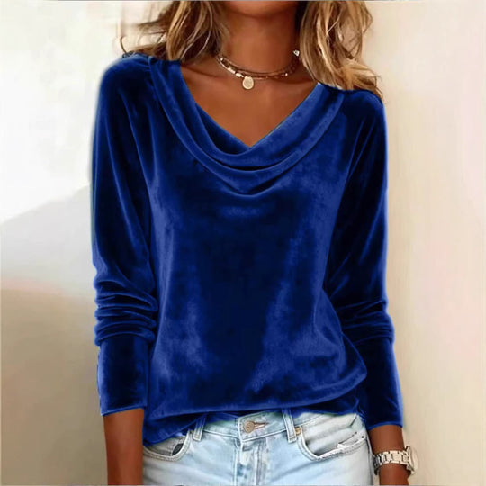 Damen Samt-Longsleeve mit Wasserfallkragen und legerem Schnitt Nord Taschen