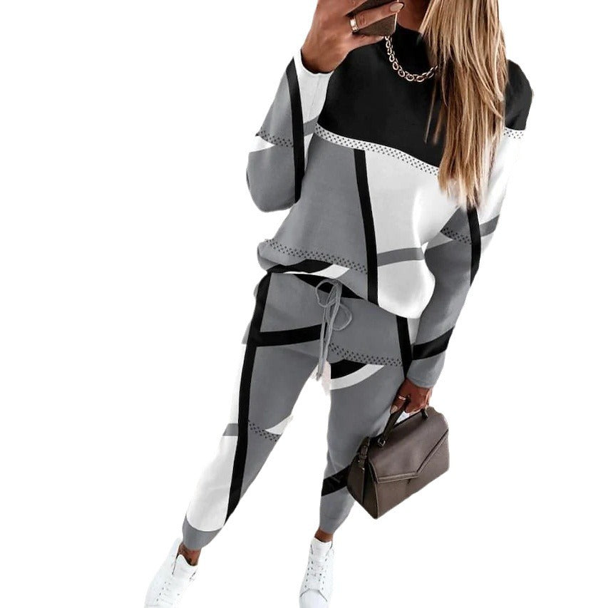 Damen Gemustertes Lounge-Set aus Feinstrick mit Kordelzug, Raglanärmeln und tapered Hose Nord Taschen