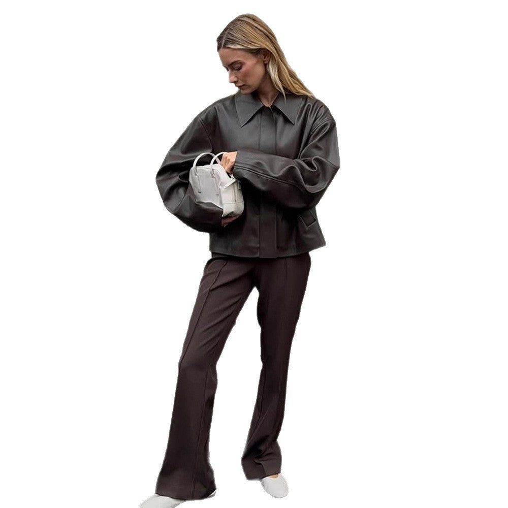 Damen Cropped Boxy Jacke aus Lederimitat mit übergroßem Kragen und verdeckter Reißverschlussleiste Nord Taschen