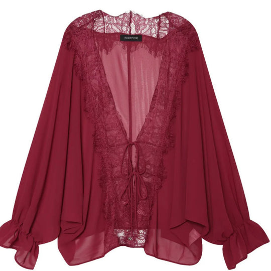 Damen Transparenter Chiffonkimono mit Spitzenbesatz und Volumenärmeln Nord Taschen