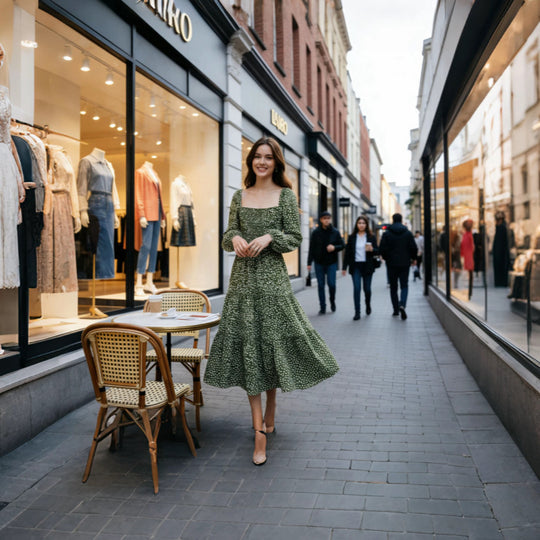 Damen Midikleid mit quadratischem Ausschnitt, gerafftem Rückenteil und Stufenrock Nord Taschen