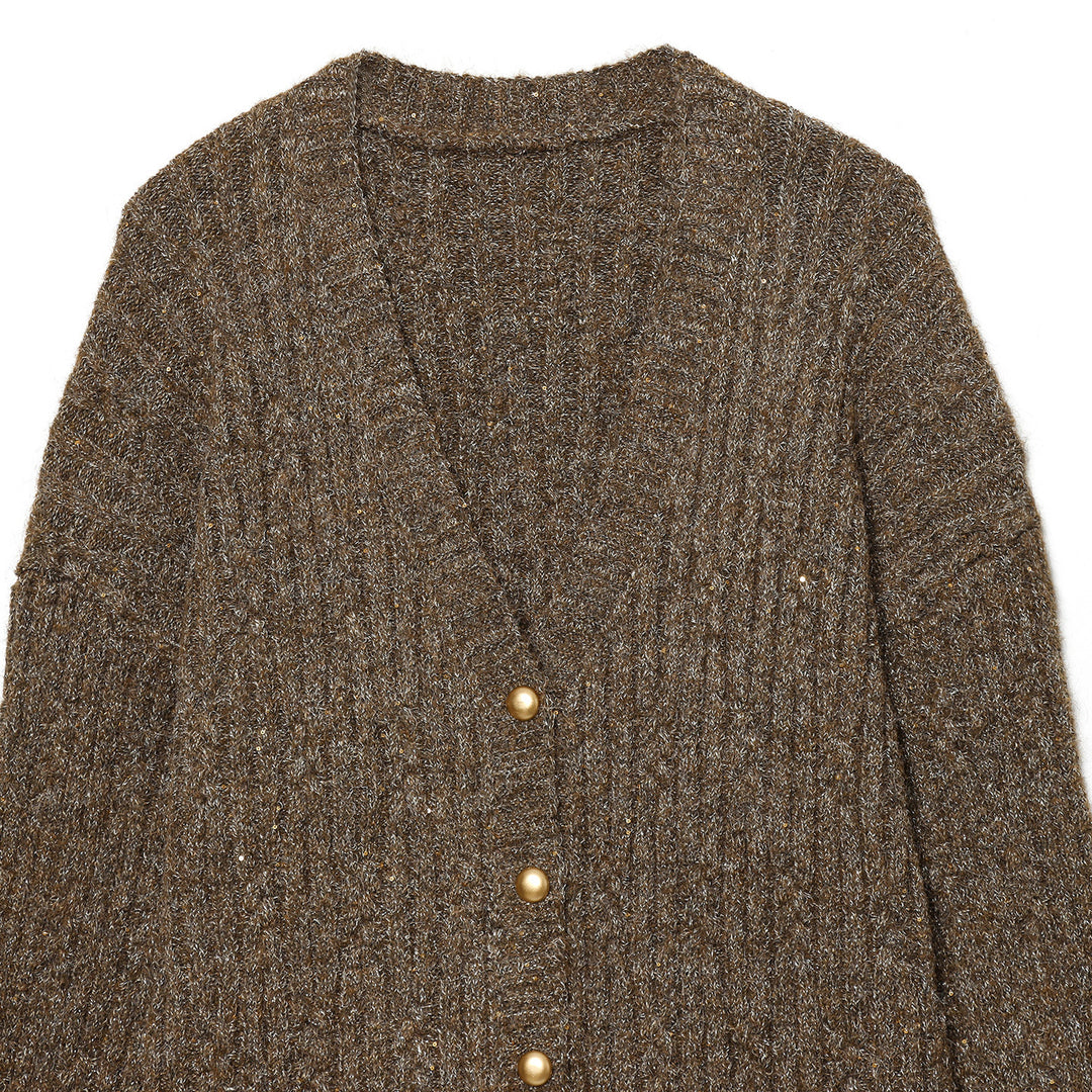 Damen Grobgestrickte Cardiganjacke mit V-Ausschnitt und goldenen Zierknöpfen Nord Taschen