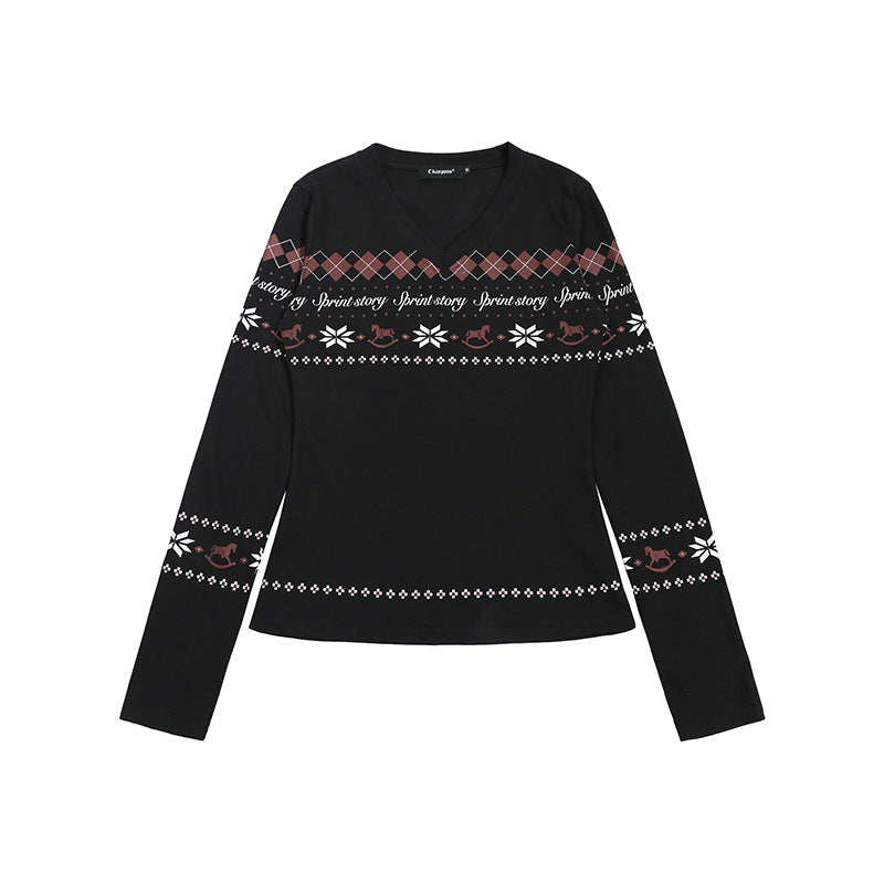 Damen Langarmshirt mit V-Ausschnitt und skandinavischem Norwegerprint aus Baumwollmix Nord Taschen