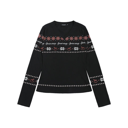 Damen Langarmshirt mit V-Ausschnitt und skandinavischem Norwegerprint aus Baumwollmix Nord Taschen