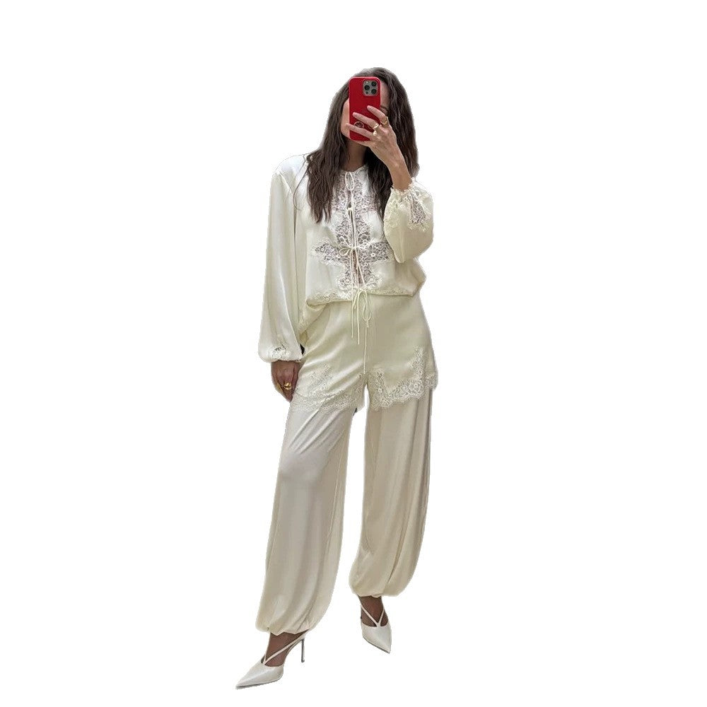 Damen Satin-Loungewear-Set mit Spitzenbesatz, Tunnelzugtop und ballonierten Palazzahosen Nord Taschen