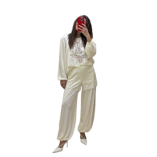 Damen Satin-Loungewear-Set mit Spitzenbesatz, Tunnelzugtop und ballonierten Palazzahosen Nord Taschen