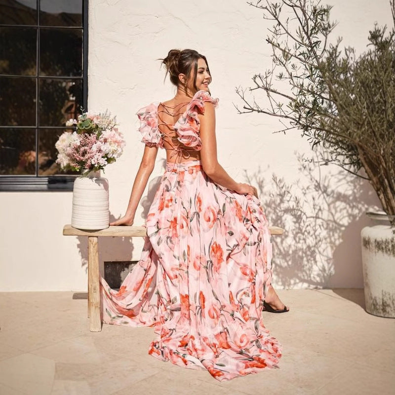 Damen Maxi-Kleid mit floralen Rüschen und schwingendem Design - Arvani