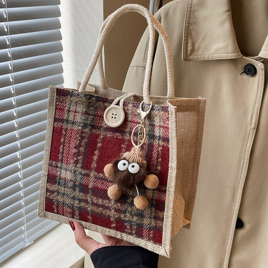 Damen Jute-Shoppingtasche mit modernem Hahnentritt-Muster Nord Taschen