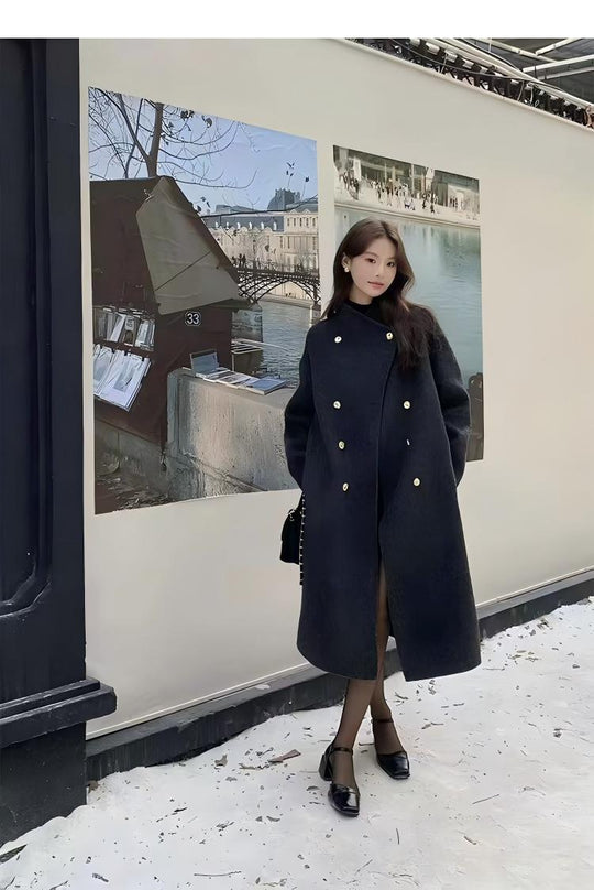 Damen Oversize Wollmix-Mantel mit doppelreihiger Knopfleiste, Stehkragen und überschnittener Schulter Nord Taschen