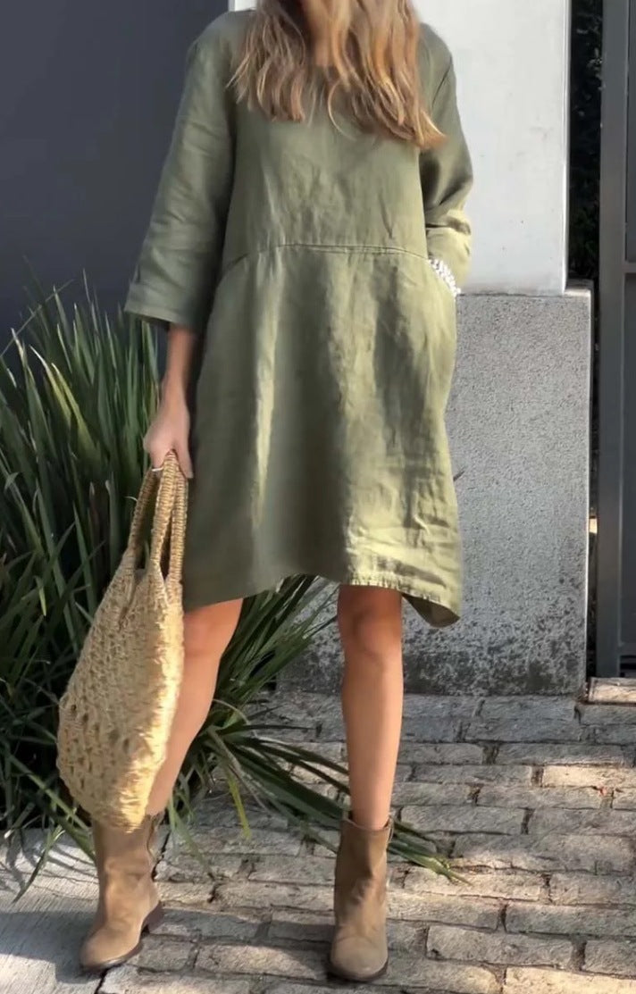 Damen lässiges Leinenkleid mit praktischen Taschen und asymmetrischem Saum