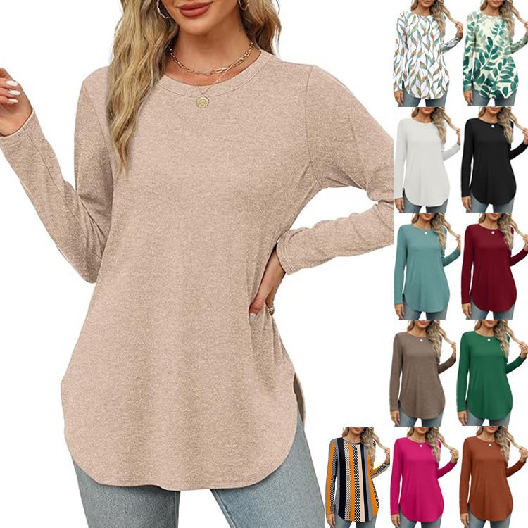 Damen Lässiges Longsleeve-Tunikaoberteil mit Rundhalsausschnitt, Seitenschlitzen und Aquarell-Blattprint Nord Taschen