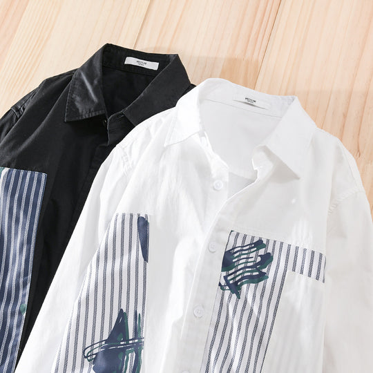 Herren Casual-Overshirt aus Baumwollpopeline mit gestreiften Patch-Einsätzen und Pinselprint Nord Taschen