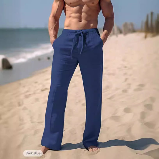 Herren weite Resort-Freizeithose im Palazzo-Stil aus Leinenmix mit Tunnelzug und seitlichen Eingrifftaschen Nord Taschen