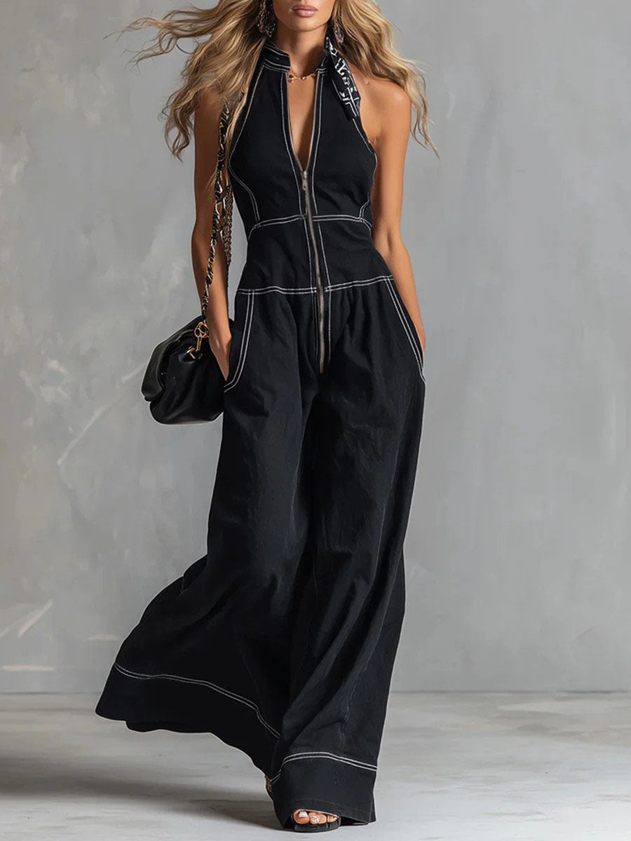 Damen Ärmelloser Halter-Jumpsuit mit Reißverschluss, weitem Bein und Eingrifftaschen Nord Taschen