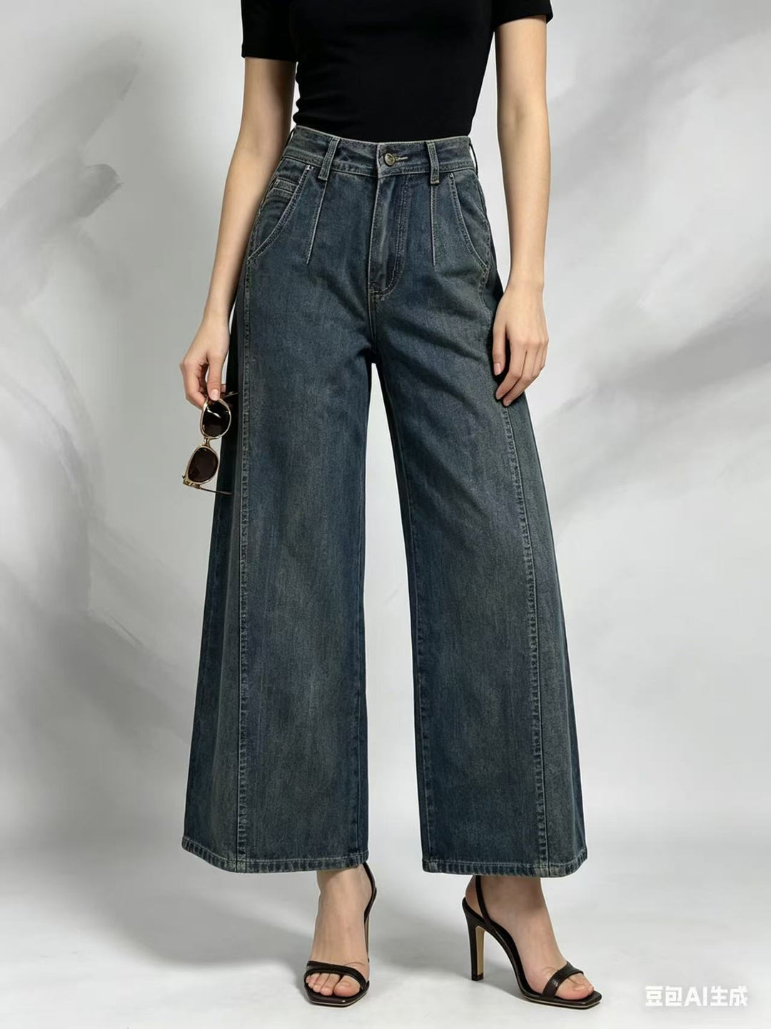Damen hohe Taille Plissée Wide-Leg-Denimhose mit verkürztem Bein und dekorativen Vorderfalten Nord Taschen