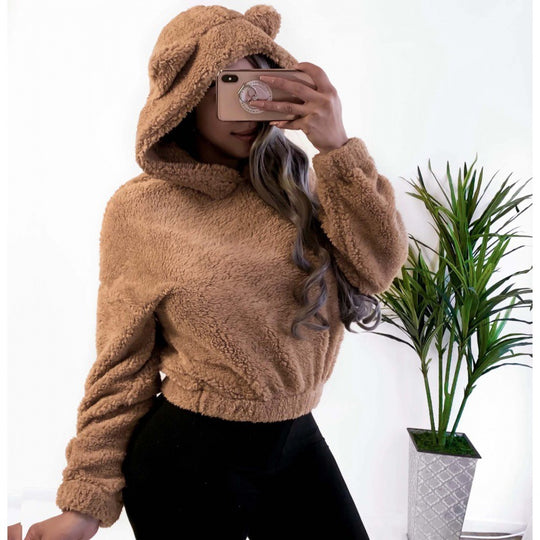 Damen Kurzer Kapuzen‑Sherpa‑Pullover mit Kängurutasche und elastischem Saum Nord Taschen