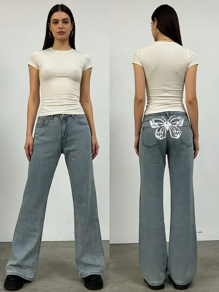 Damen hochgeschnittene weich fallende Schlagjeans aus Stretch-Denim mit figurformender Passform Nord Taschen