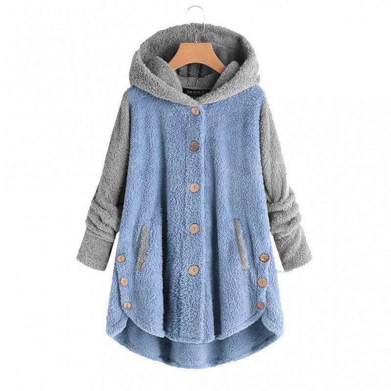 Damen Oversized Teddy-Mantel mit Kapuze, asymmetrischem Zipfelsaum und Holzknopf-Leiste Nord Taschen