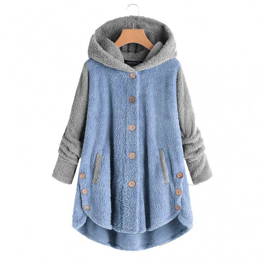 Damen Oversized Teddy-Mantel mit Kapuze, asymmetrischem Zipfelsaum und Holzknopf-Leiste Nord Taschen