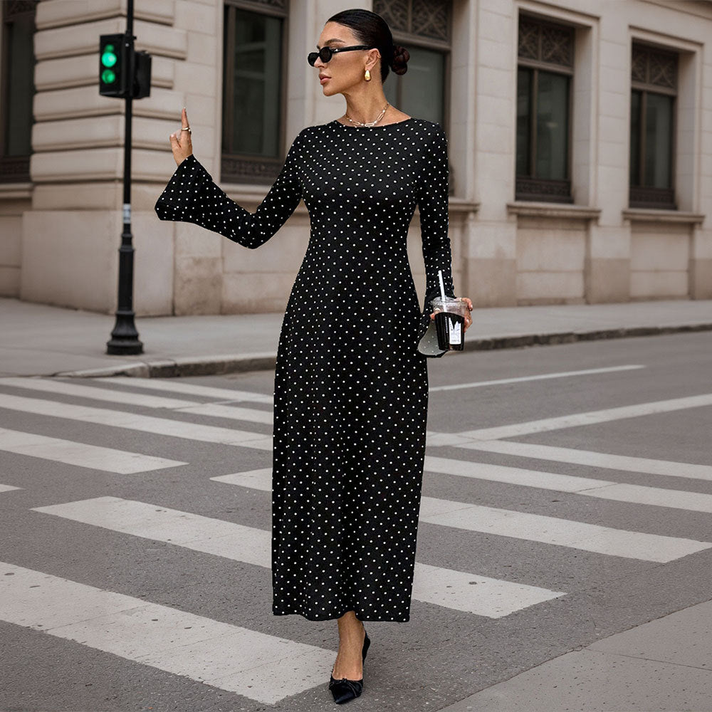 Damen elegantes Polka‑Dot Maxikleid mit tailliertem Oberteil, Trompetenärmeln und fließendem A‑Linien‑Rock Nord Taschen