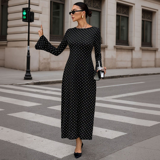 Damen elegantes Polka‑Dot Maxikleid mit tailliertem Oberteil, Trompetenärmeln und fließendem A‑Linien‑Rock Nord Taschen