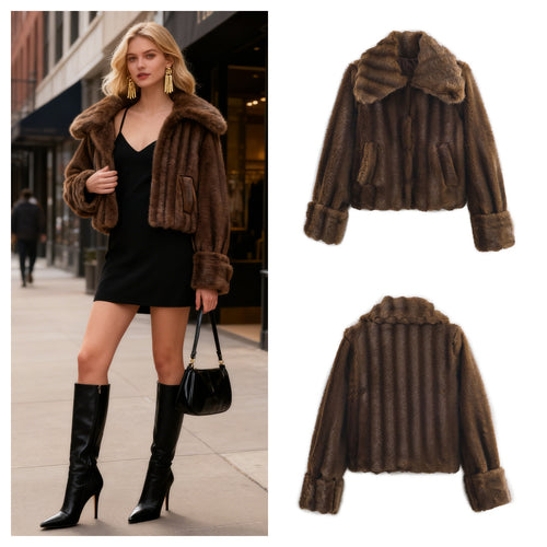 Damen Kurze Kunstfell‑Jacke mit voluminösem Schalkragen und aufgesetzten Taschen Nord Taschen