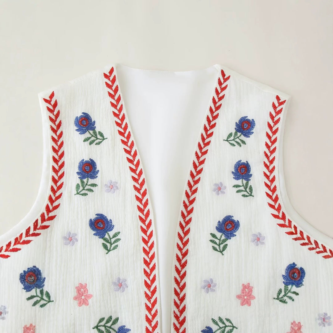 Damen Bestickte Baumwoll‑Weste im Boho‑Stil mit V‑Ausschnitt und Zierborte Nord Taschen