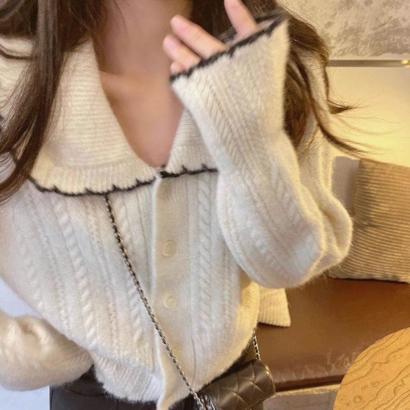 Damen Zopfmuster-Strickcardigan mit großem Matrosenkragen und kontrastkante Nord Taschen