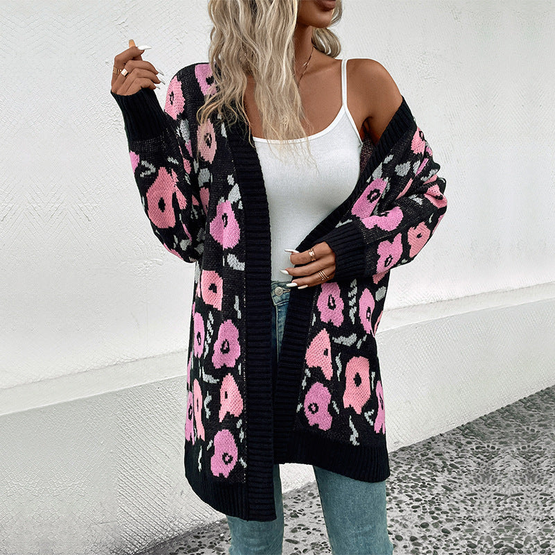 Damen Modischer Strickmantel mit floralem Muster Nord Taschen