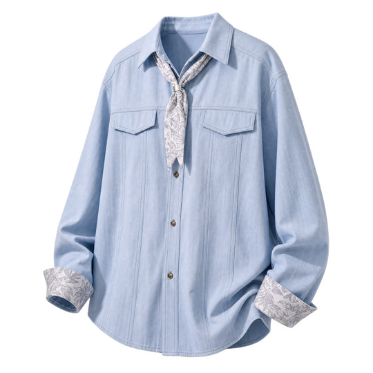 Damen Oversize-Chambray-Hemdbluse mit Ziernähten, Brustklappen & integriertem Halstuch Nord Taschen