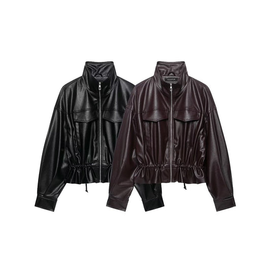 Damen Oversize Kunstleder-Bomberjacke mit Funnelkragen, Tunnelzug-Taille und Pattentaschen Nord Taschen
