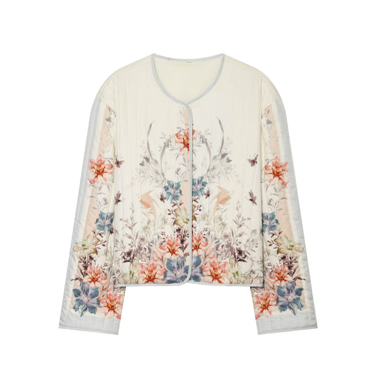 Damen Gepolsterte Cropped Jacke mit floralem Alloverprint und Rundhalsausschnitt Nord Taschen
